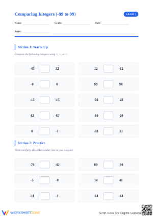 Printable Comparing Integers Worksheet | Grade 5 Math