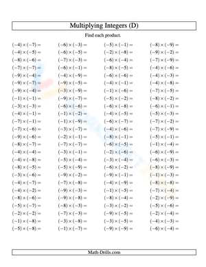 Multiplying Negative Integers (-9 to -1) Practice