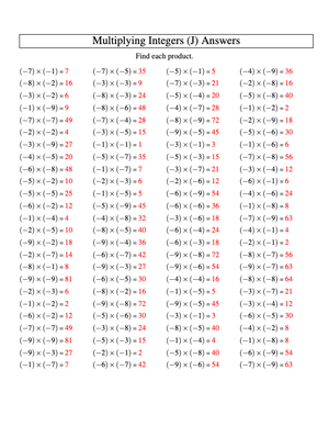 Multiplying Integers – Negative Numbers Practice