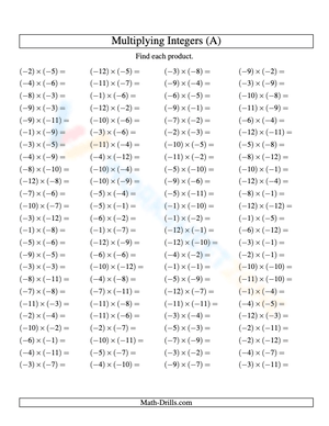 Multiplying Integers - Negative by Negative Practice

