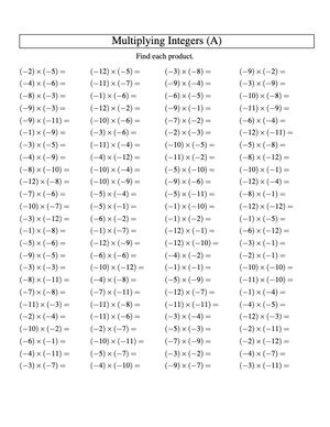 Multiplying Integers - Negative by Negative Practice

