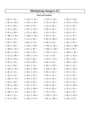 Multiply Negative Integers (-12 to -1) Practice Sheet