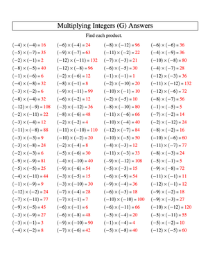Practice Multiplying Negative Integers (-12 to -1) 