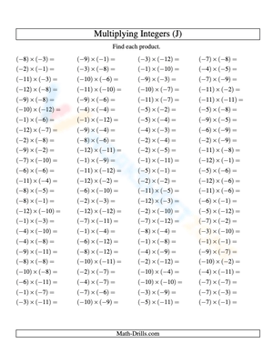 Multiplication of Negative Integers (-12 to -1)