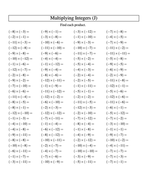 Multiplication of Negative Integers (-12 to -1)