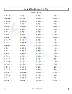 Multiplying Negative & Positive Integers (-9 to 9)