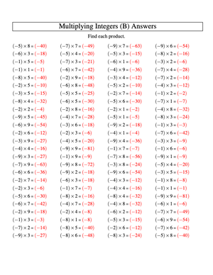 Multiplying Negative by Positive Integers (-9 to 9)
