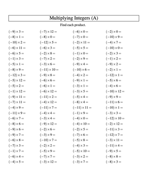 Multiplying Integers (-12 to 12) Worksheet