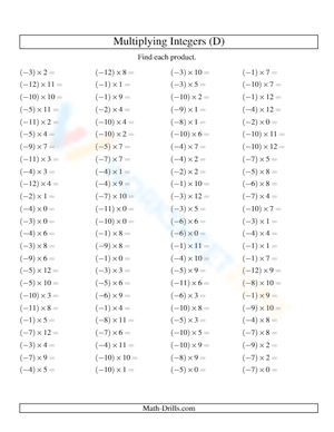 Multiplying Integers Worksheet – Mixed Sign Practice