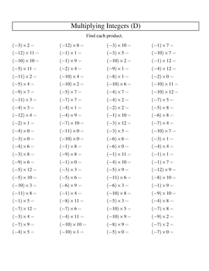 Multiplying Integers Worksheet – Mixed Sign Practice