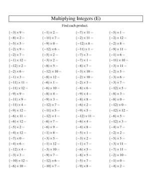 Integer Multiplication Worksheet: -12 to 12 Practice