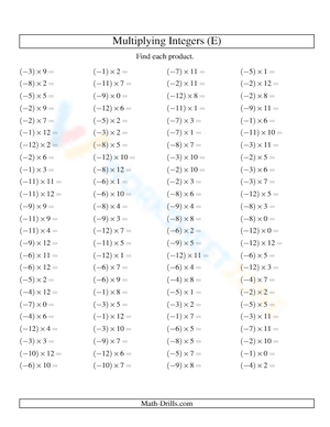 Integer Multiplication Worksheet: -12 to 12 Practice