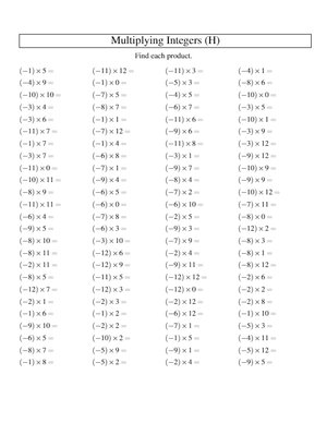 Integer Multiplication: -12 to 12 Practice