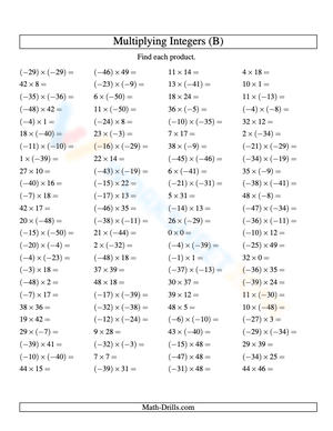 Integer Multiplication: Range -50 to 50 Practice