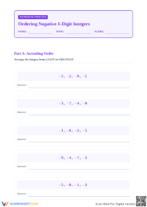 Ordering Negative Integers Worksheet | Grade 5 Essential