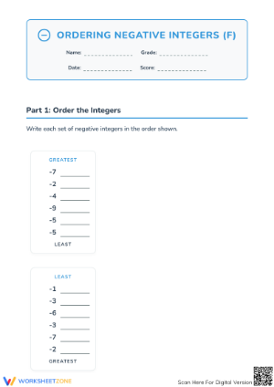 Grade 5 Ordering Negative Integers — Printable No-Prep