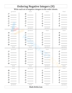 Printable Ordering Negative Integers Worksheet | Grade 6