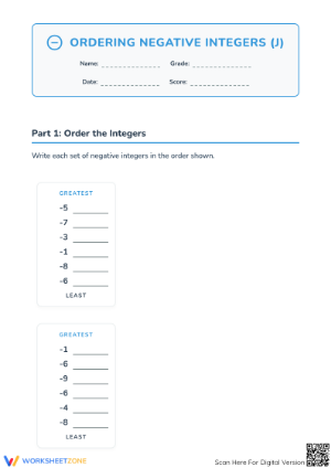 Printable Ordering Negative Integers | Grade 6 Math
