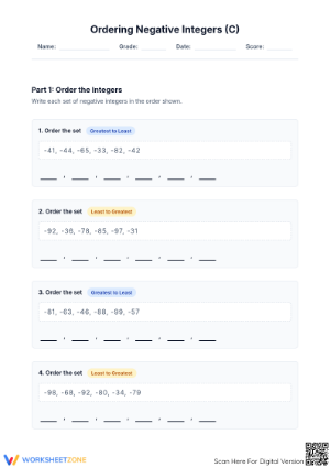 Essential Worksheet: Ordering Negative Integers | Grade 6 Math