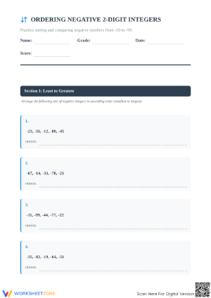 Printable Ordering Negative 2-Digit Integers Math Worksheet