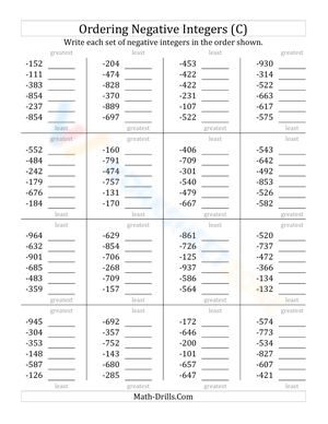Grade 6 Negative Integers — Printable No-Prep Worksheet