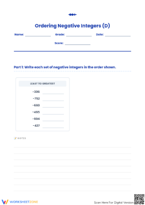 Printable Ordering Negative Integers Worksheet Grade 6