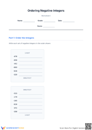 Printable Ordering Negative Integers Worksheet | Grades 6-8