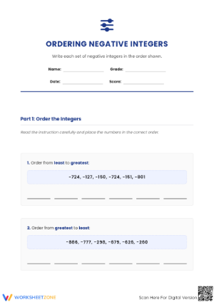 Printable Guide: Ordering Negative Integers - Grade 6 Math