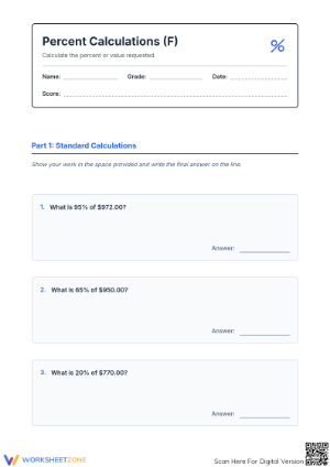 Essential Grade 6 Percent Calculations Printable Worksheet