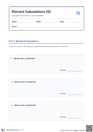 Grade 7 Percent & Currency — Printable No-Prep Worksheet