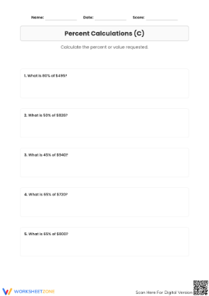 Printable Percentage of Currency Worksheet | Grade 6 Math