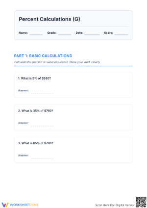 Printable Percent Calculations & Word Problems | Grade 7