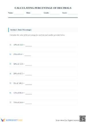 Printable Percentage of Decimals Worksheet | Grade 6-8