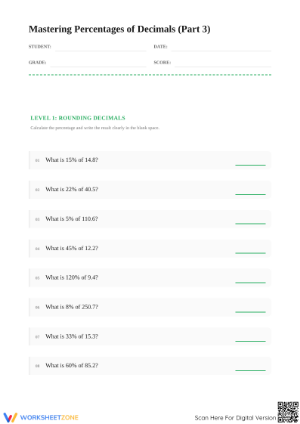Mastering Percentages of Decimals | Grade 6-8 Printable