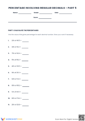 Essential Grade 6 Percentage of Decimals Practice Worksheet