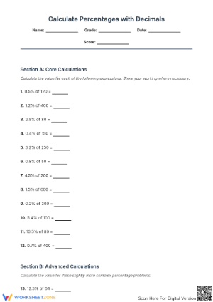Essential Percentages with Decimals Worksheet | Grade 6 Math