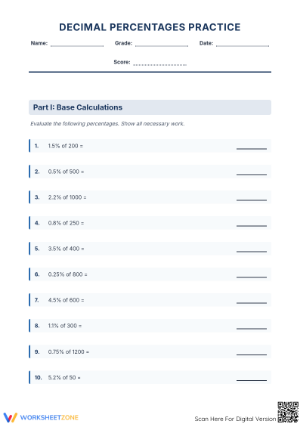 Essential Decimal Percentages Worksheet | Grade 6 Math