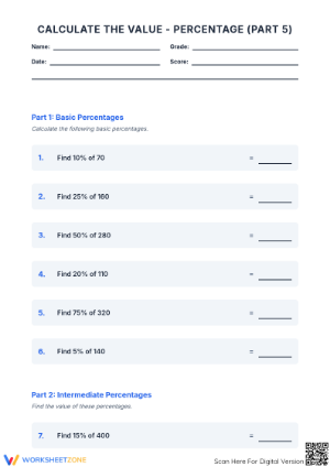 Printable Percentage of Whole Numbers Worksheet | Grade 6