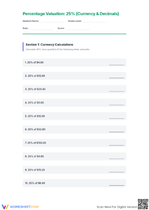 Printable 25% Percent Worksheet | Grade 6 Math Essential