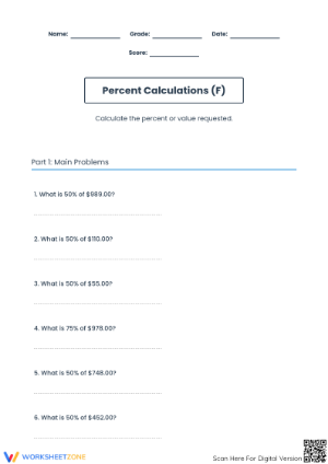 Essential Percent of Currency Worksheet | Grade 6 Math
