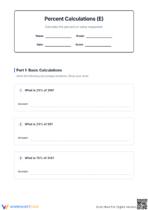Printable Percent Calculations Worksheet | Grade 6 Math
