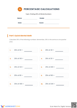 Essential 25% Percentage Worksheet | Grade 6 Math
