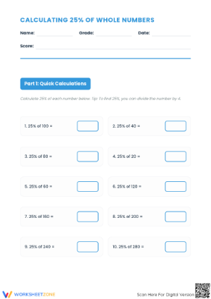 Essential 25% Percentage Worksheet | Grade 6 Math