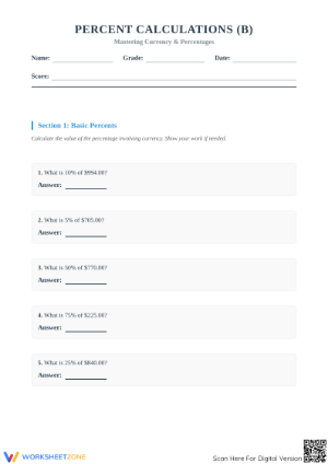 Essential Percent of Currency Worksheet | Grades 6-8