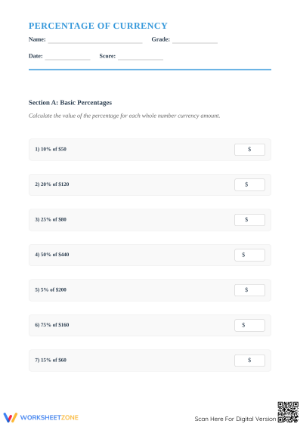 Grades 4-8 Money Percentages — Printable No-Prep Worksheet