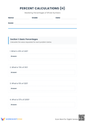 Essential Percent of Whole Numbers Worksheet | Grade 6 Math