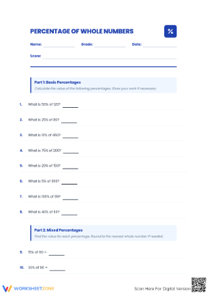 Printable Grade 6 Math Worksheet: Percentage of Whole Numbers
