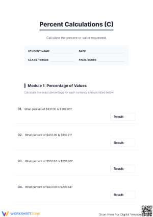 Printable Percent Rate and Currency Calculations Worksheet