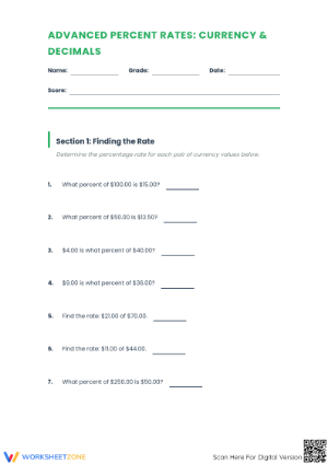 Printable Advanced Percent Rates & Currency Worksheet