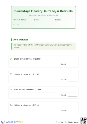 Essential Grade 6-7 Percentage Worksheet: Currency & Decimals